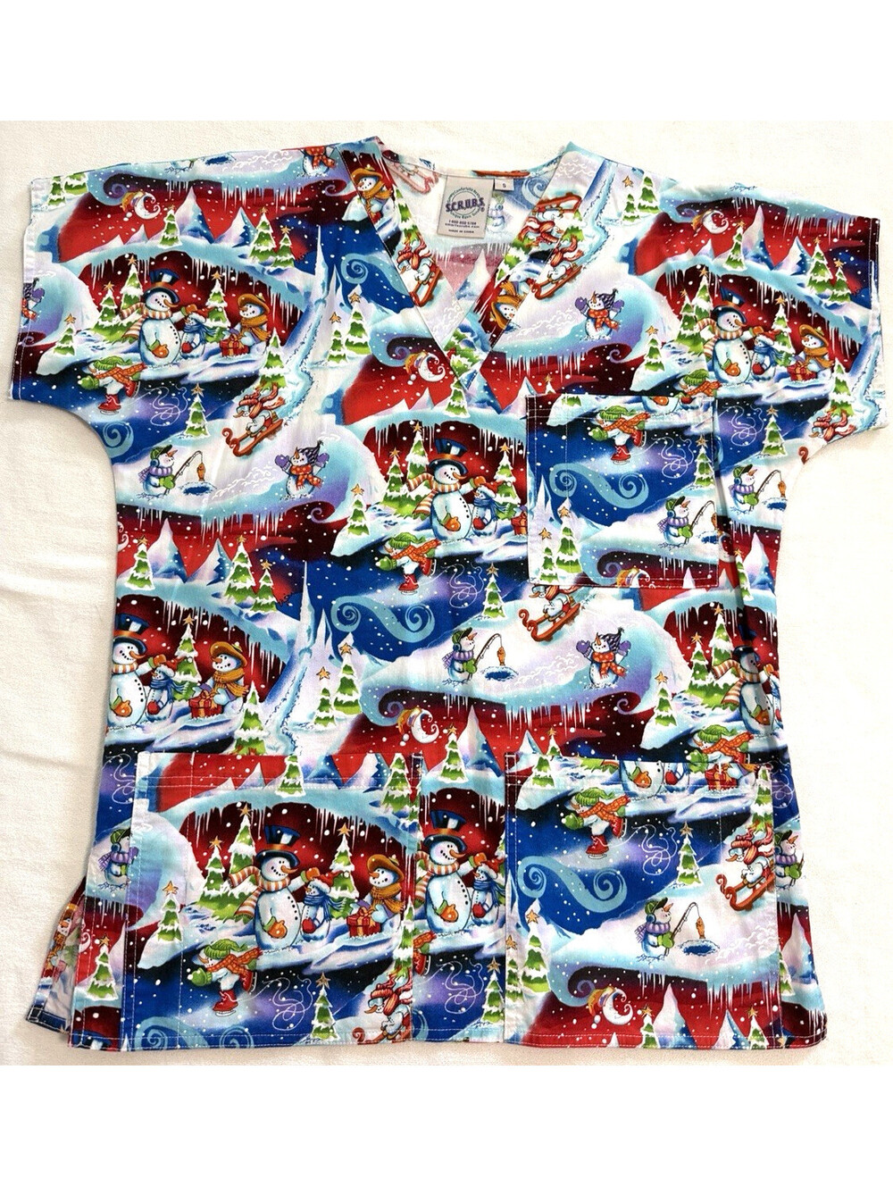 S.C.R.U.B.S. Unisex Scrub Top Snowman Holiday Print Short Sleeve Cotton S